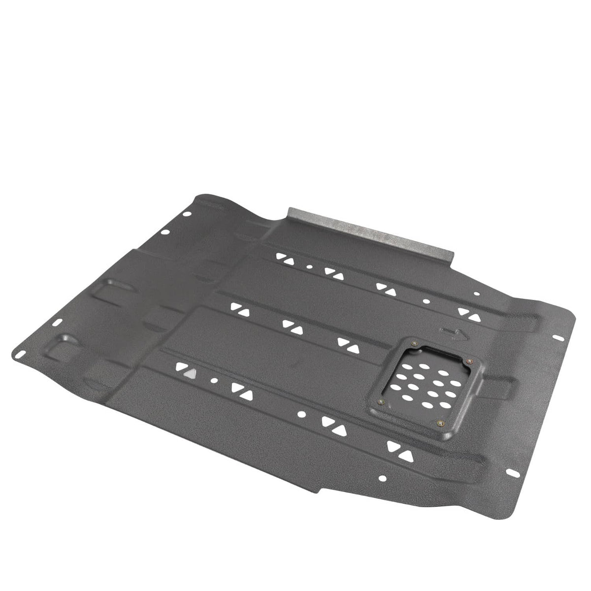 Black gearbox skid plate splash shield guard with large vent slots and edge mounting holes