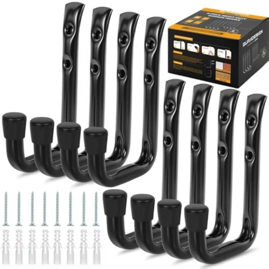 Black J-shaped garage hooks set with 8 hooks and included mounting screws