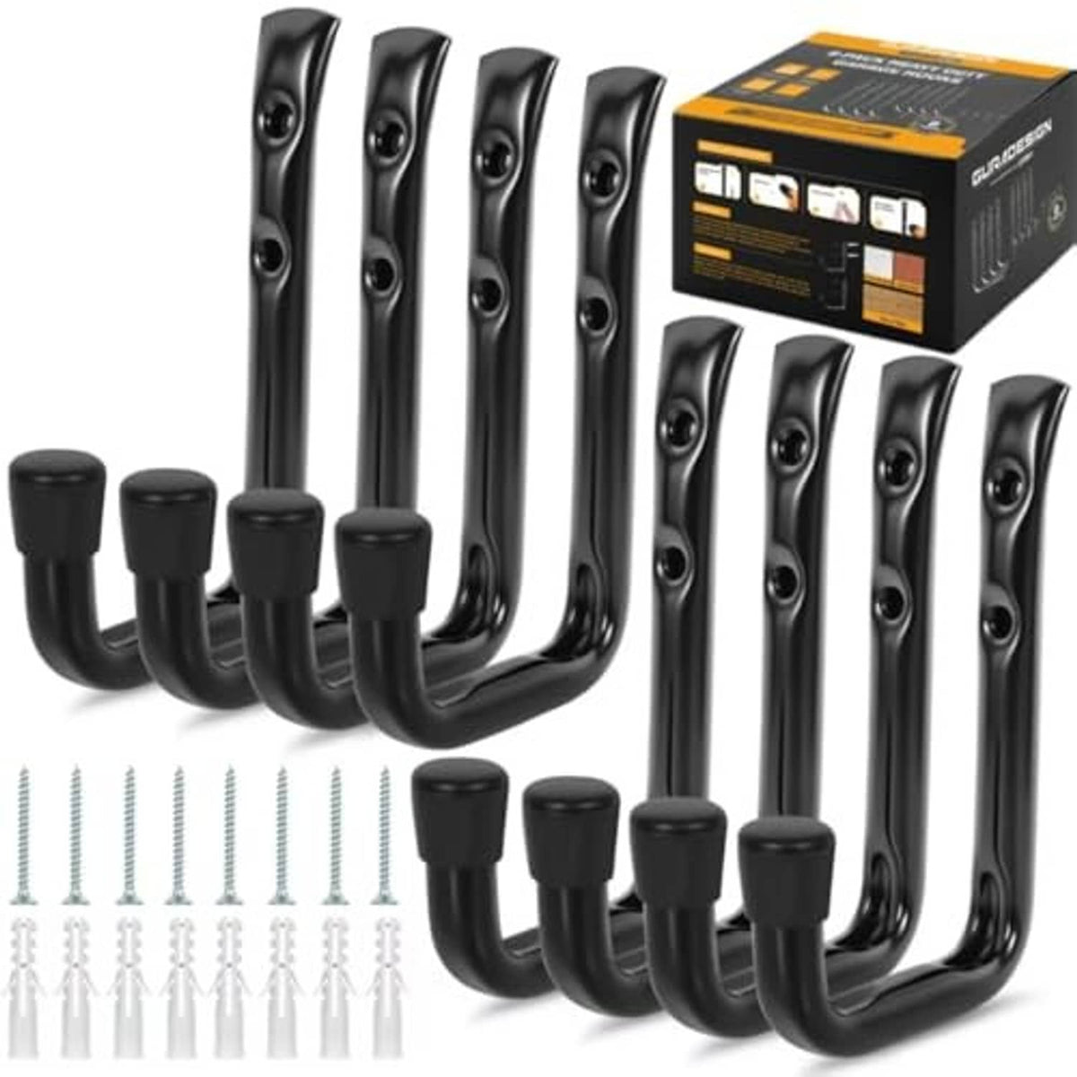 Black J-shaped garage hooks set with 8 hooks and included mounting screws