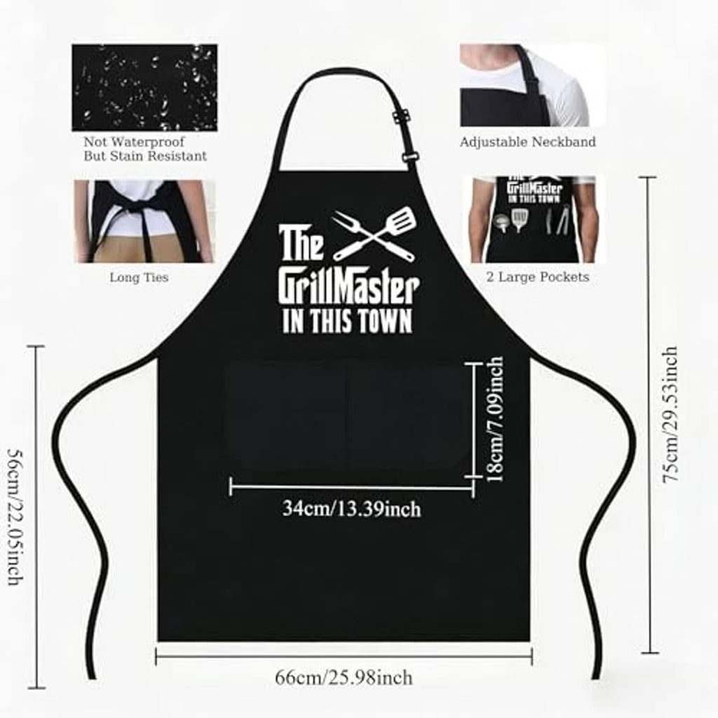 Black grilling apron with adjustable neck, long ties, and front graphic logo.
