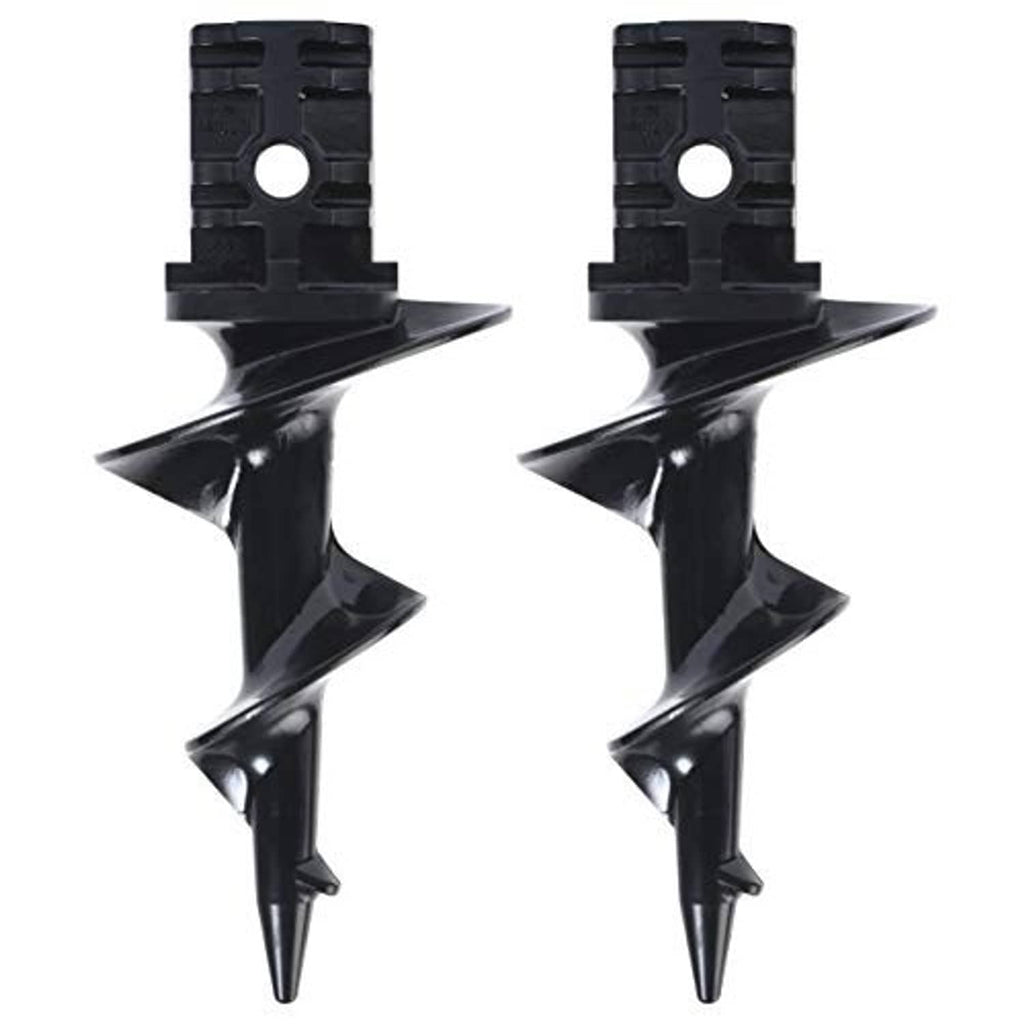 Pair of black dock auger sand anchors with pointed helical blades and top mounting plate