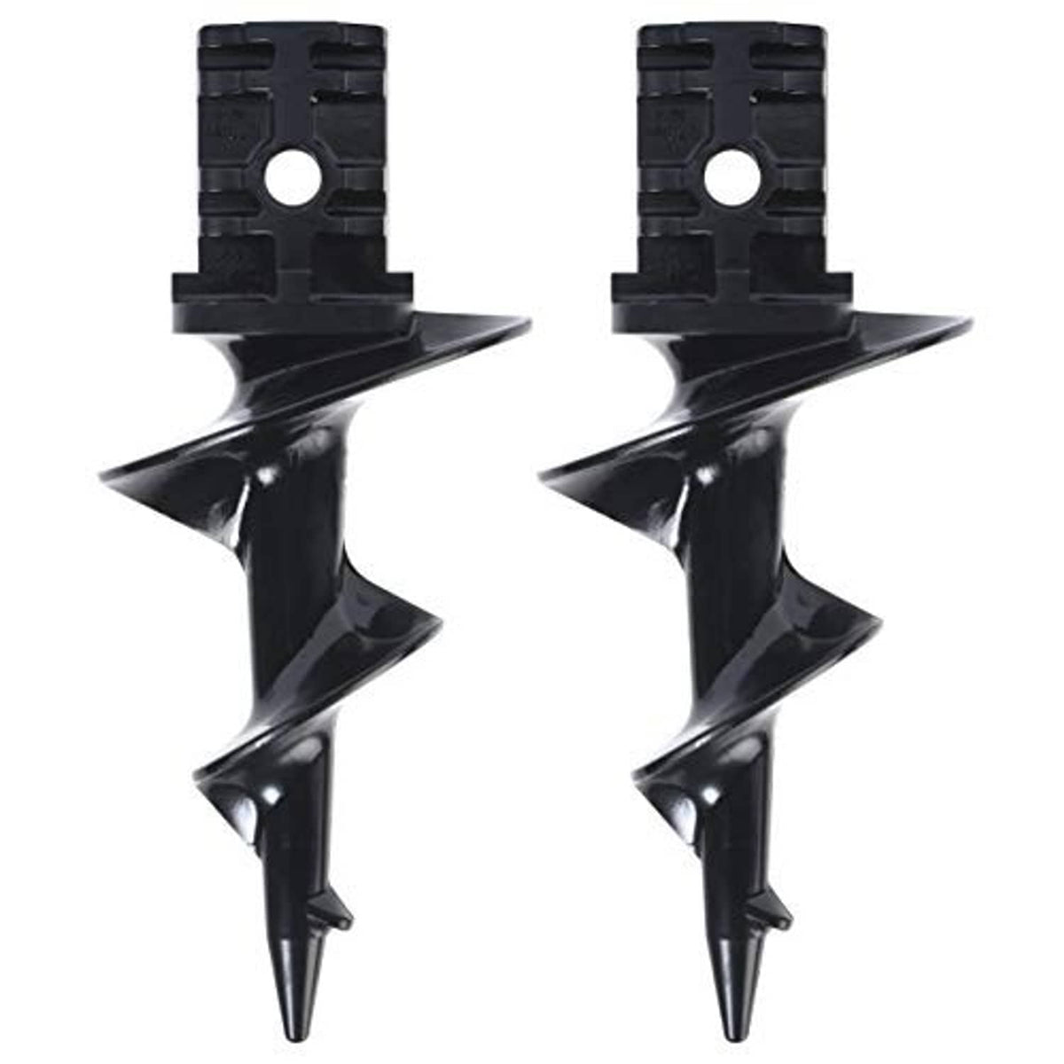 Pair of black dock auger sand anchors with pointed helical blades and top mounting plate