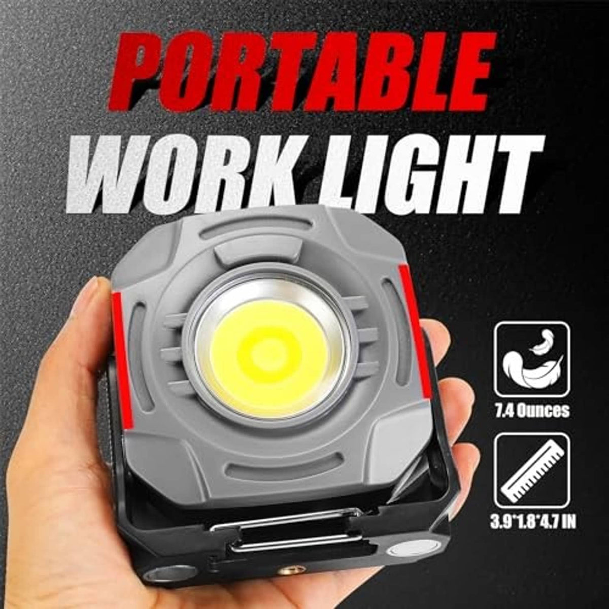 Handheld rechargeable work light with gray housing, red accents, and front COB LED lens