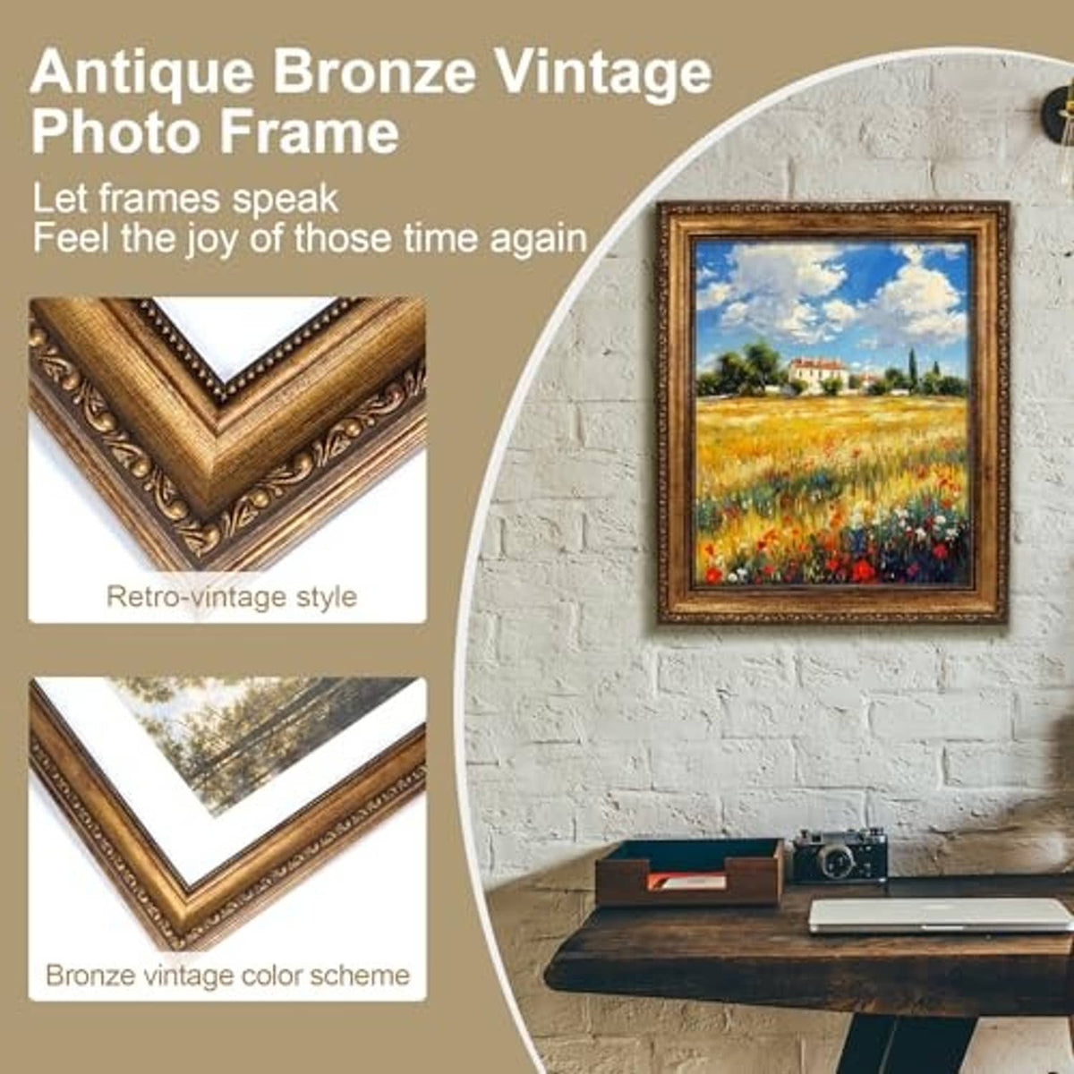 Antique bronze vintage photo frame with floral field artwork, wall-mounted
