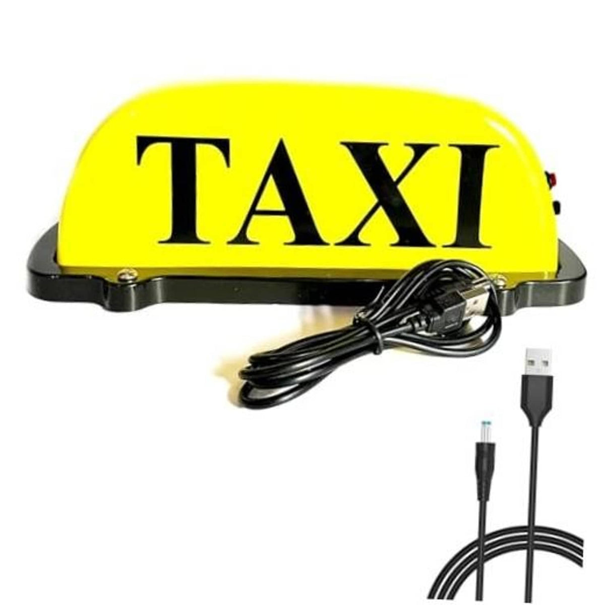Yellow TAXI dome LED car sign light with base and USB charging cable set