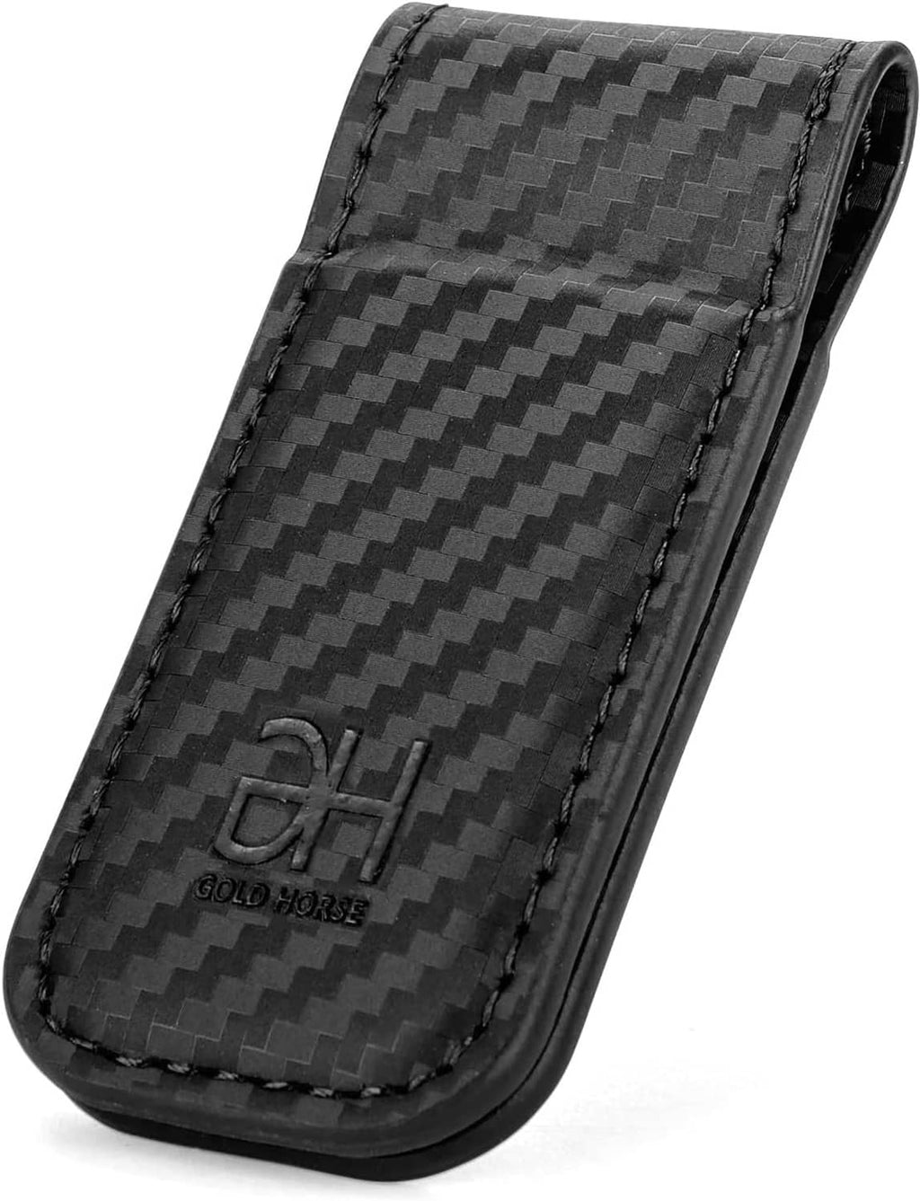 Black carbon-fiber slim money clip card holder with magnetic closure, angled view