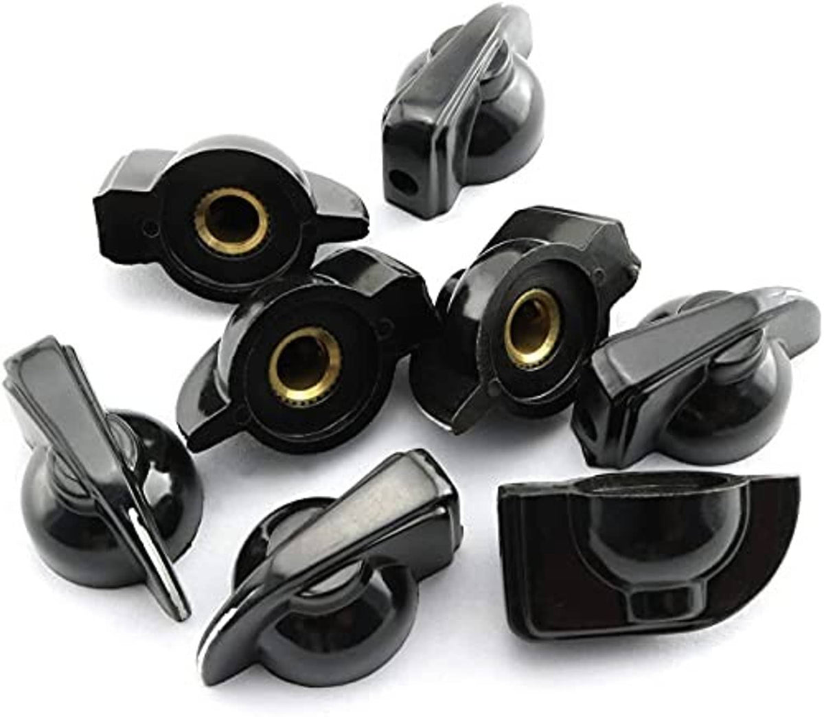 Black chicken-head guitar amp potentiometer knobs with gold brass inserts, 8-pack