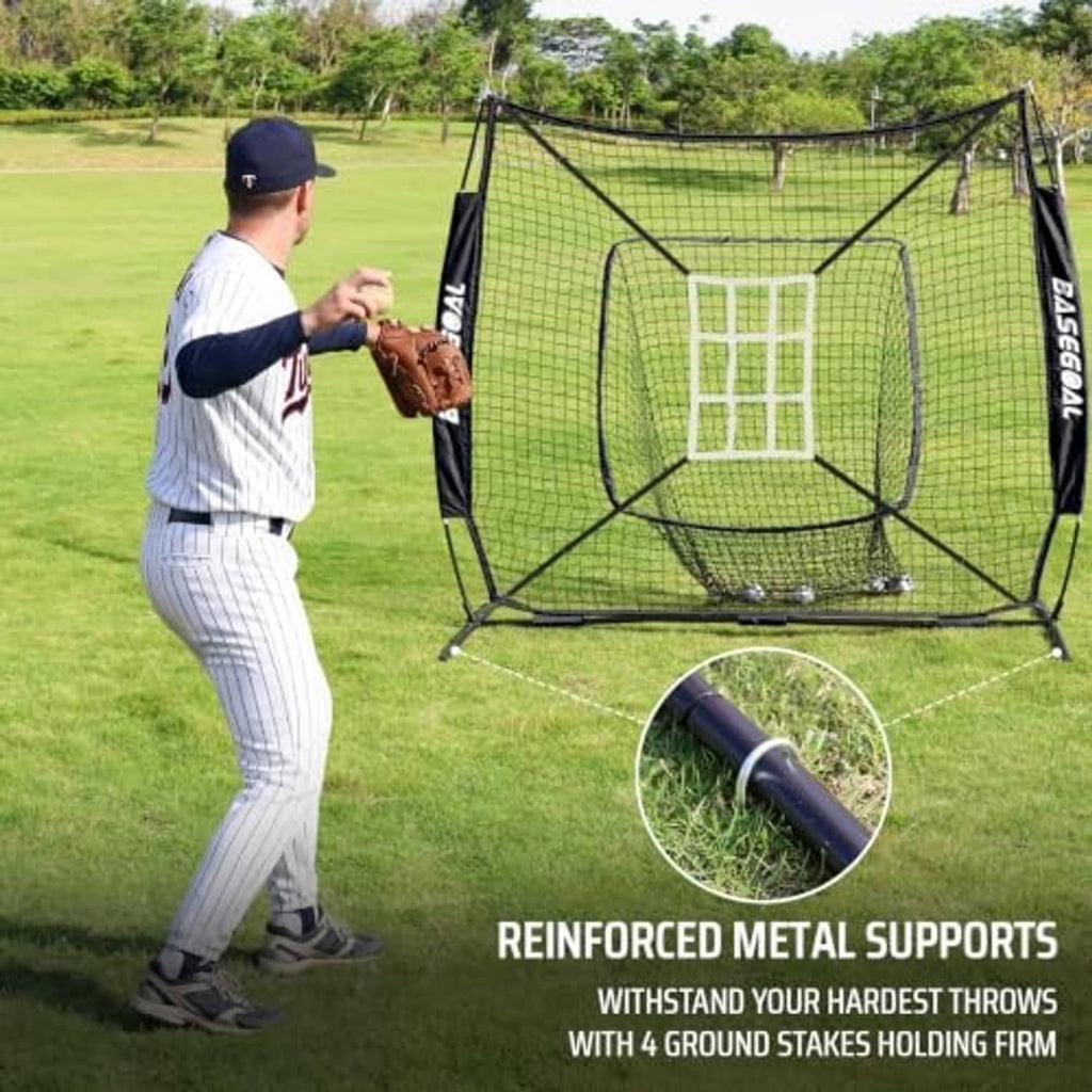 Baseball practice net with reinforced metal supports, ground stakes, and red strike zone