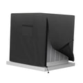 Black outdoor AC unit cover with front flap and side vent cutout, drawstring hem.