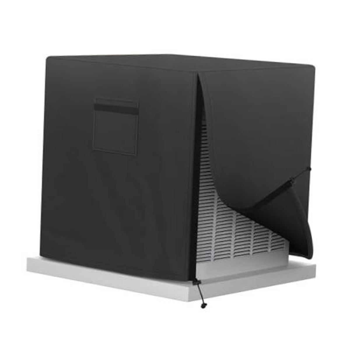 Black outdoor AC unit cover with front flap and side vent cutout, drawstring hem.