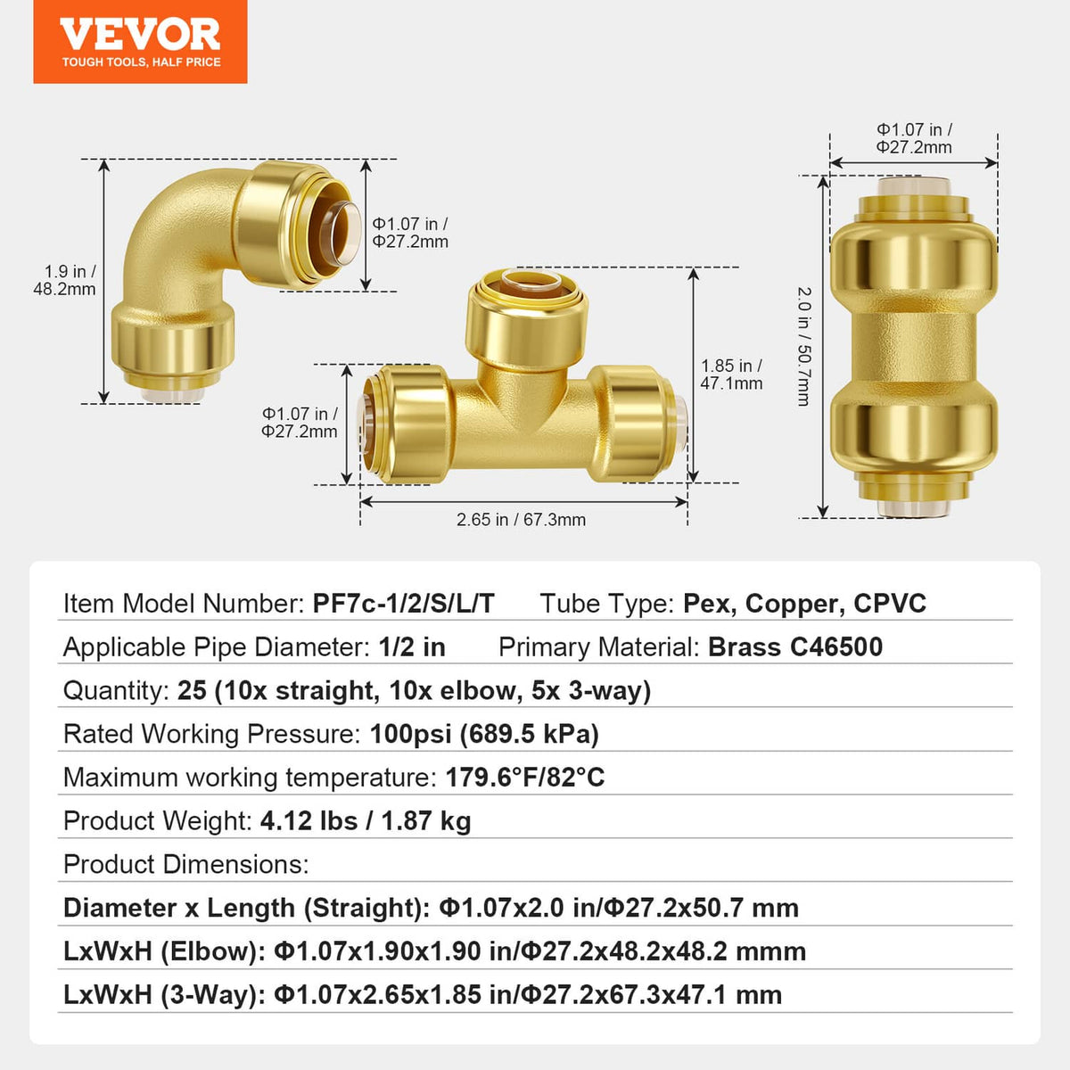 Gold brass 1/2 in push-fit fittings diagram: elbow, tee, and coupling parts
