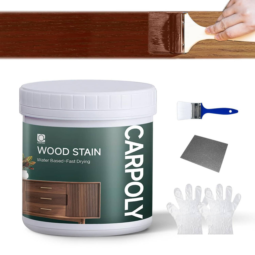 CARPOLY wood stain bucket, cherry red stain & sealer, with angled brush and pad