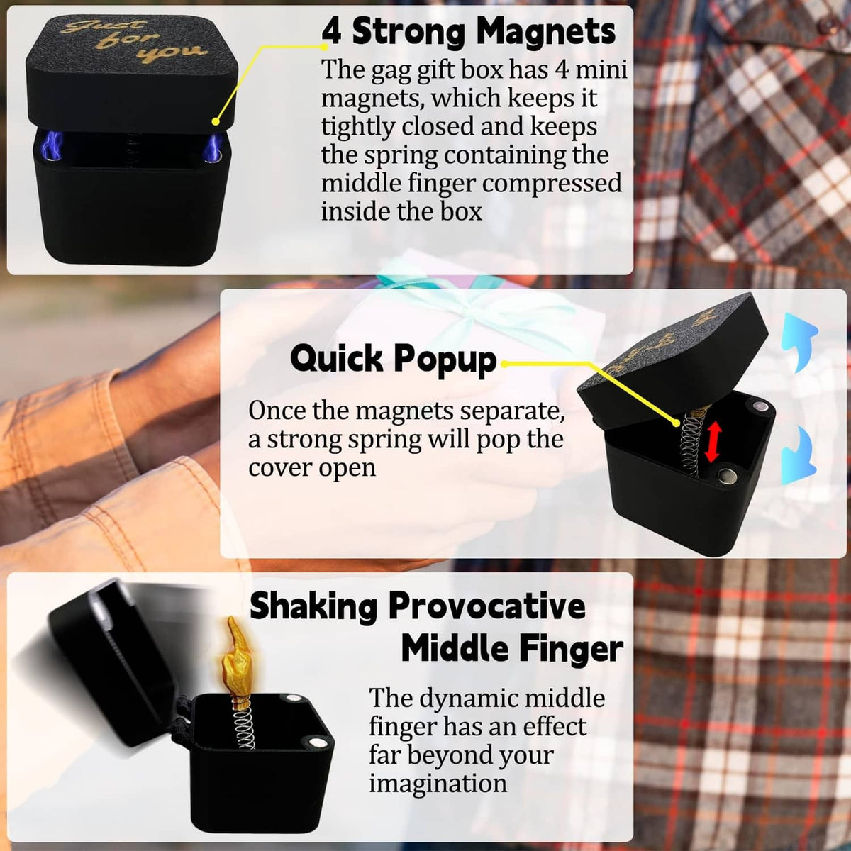 Black open gag gift box with gold middle-finger figure and coiled spring