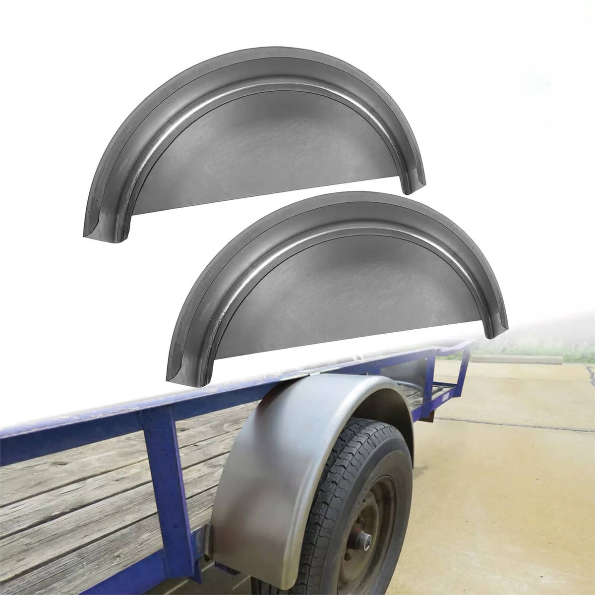 Mounted round steel trailer fender set with curved wheel guards and back plates