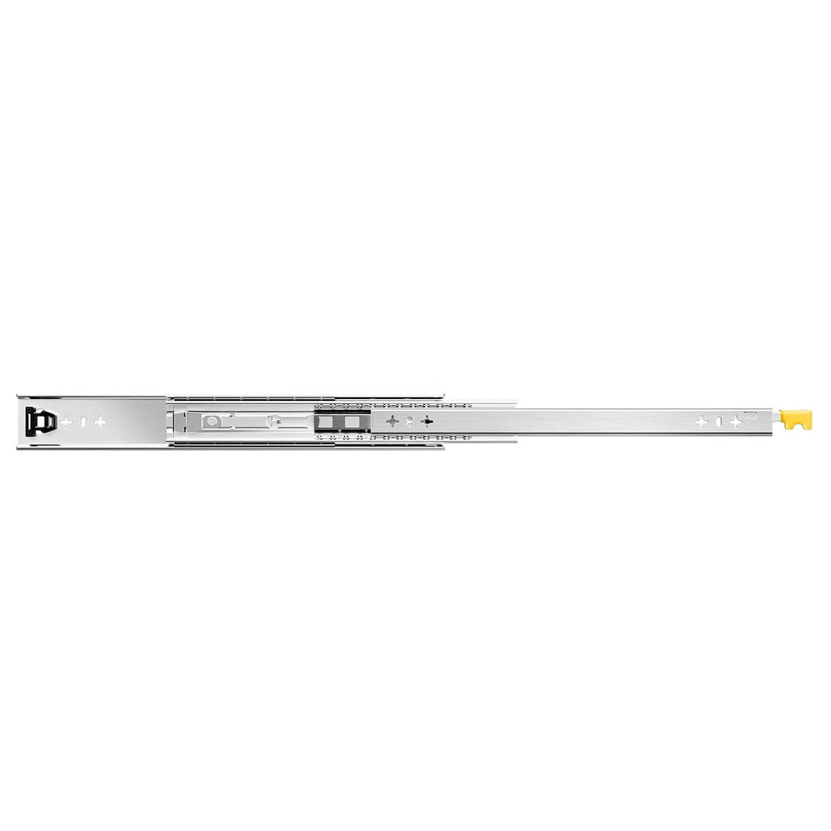 Ball-bearing full-extension drawer slide rail with soft-close track and yellow latch