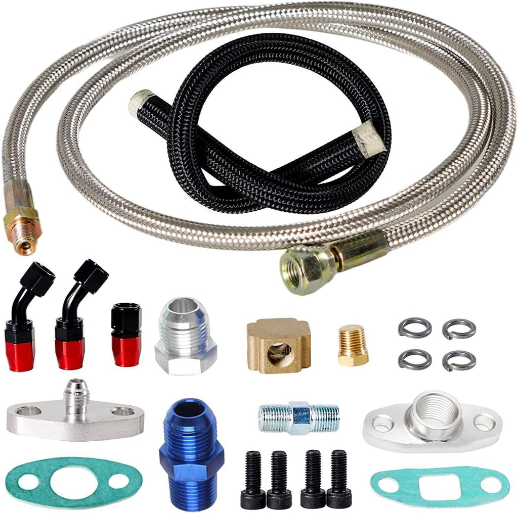 Full oil drain return fitting kit with braided hoses, adapters, and gaskets