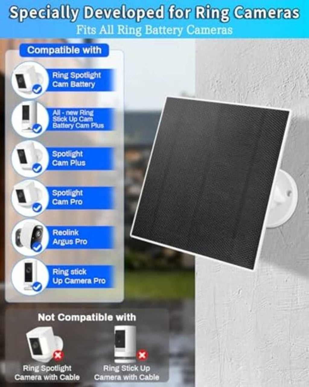 Solar panel charger kit with bracket, shown with compatibility for Ring cameras