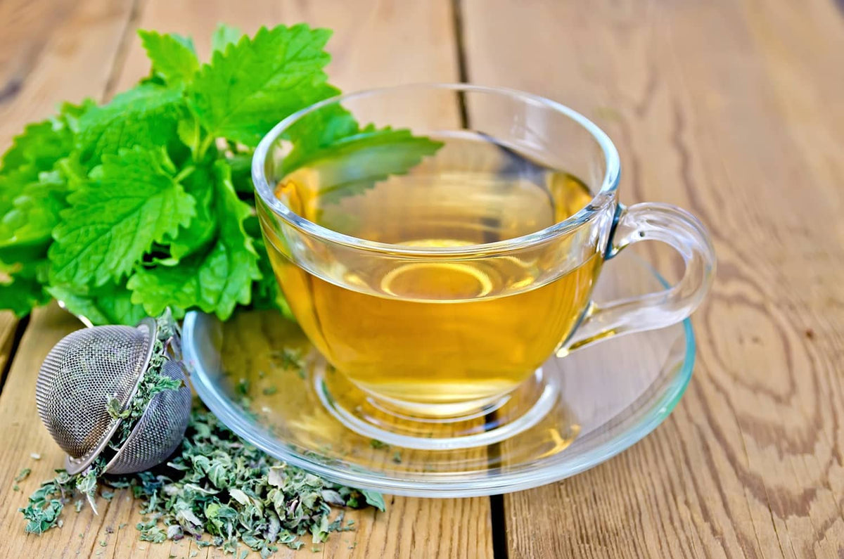 Hot lemon balm tea in glass cup with leaves on a wooden surface