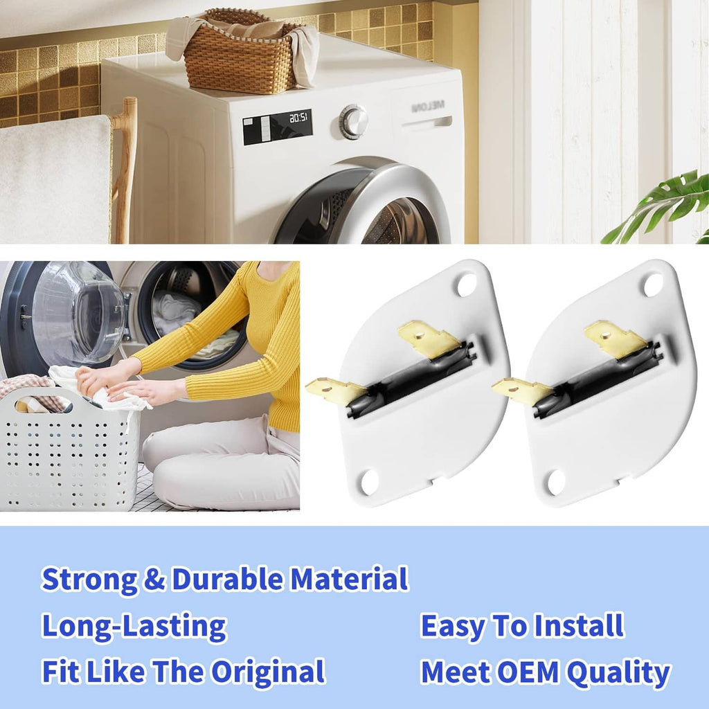 Two white dryer thermal fuses with yellow terminal blades and mounting holes