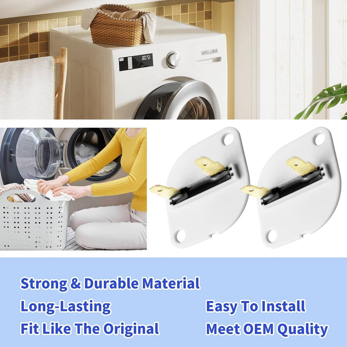 Two white dryer thermal fuses with yellow terminal blades and mounting holes