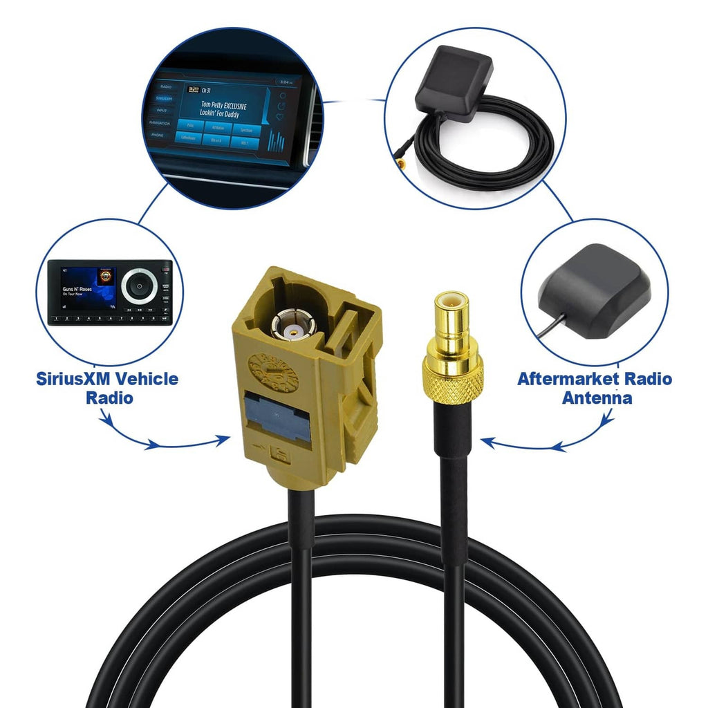 Antenna adapter cable with FAKRA female and gold SMB male connectors on RG174 coax