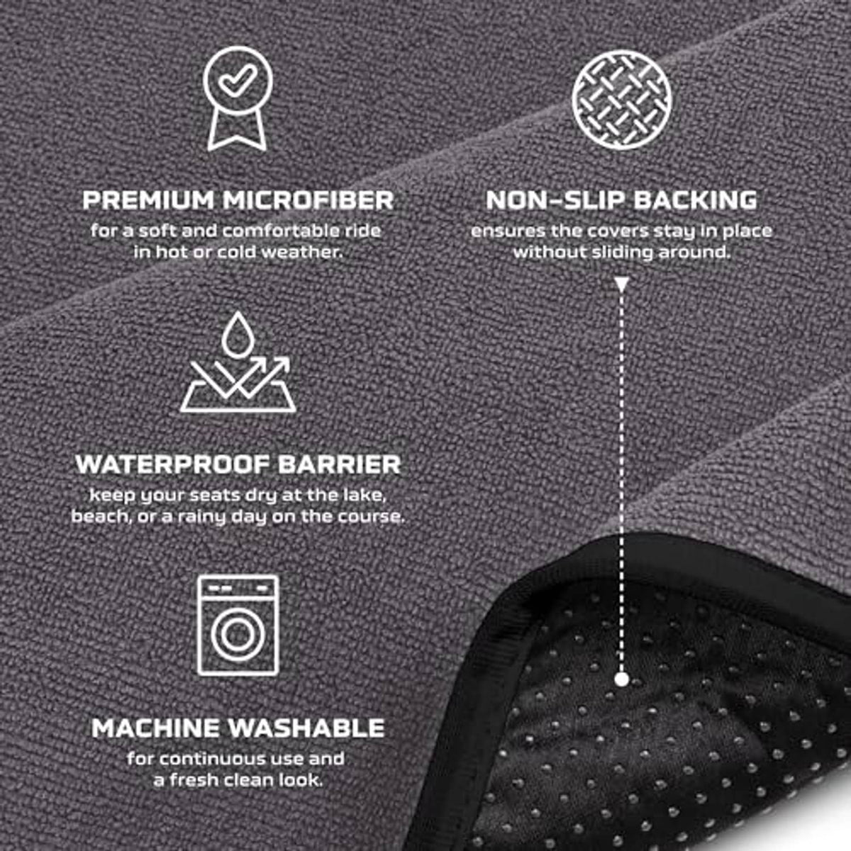 Waterproof seat cover fabric close-up, microfibre texture with non-slip backing