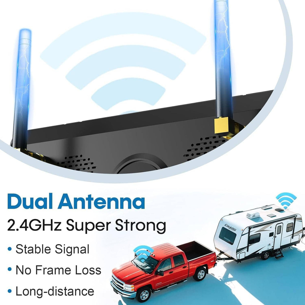 RV wireless backup camera system with dual antenna design for strong signal
