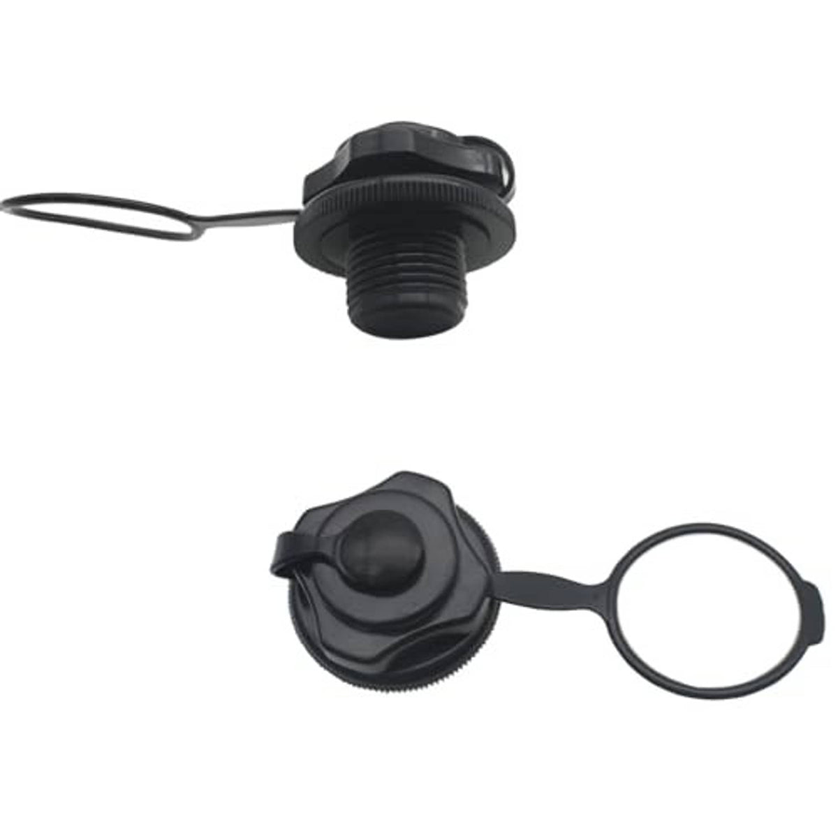 Black plastic 24mm air valve with pull ring and rubber gasket, underside view