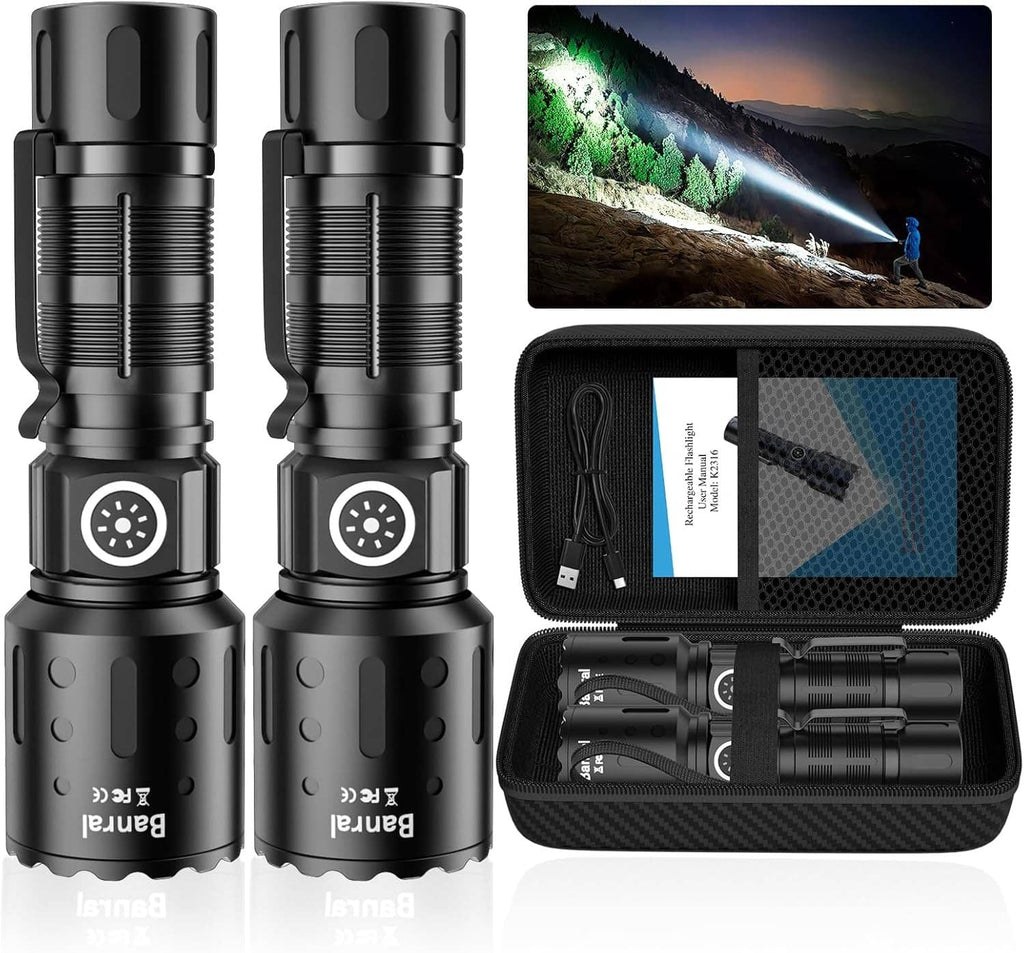 Black rechargeable LED flashlight with tactical grip, shown from front and side (pair)