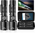 Black rechargeable LED flashlight with tactical grip, shown from front and side (pair)