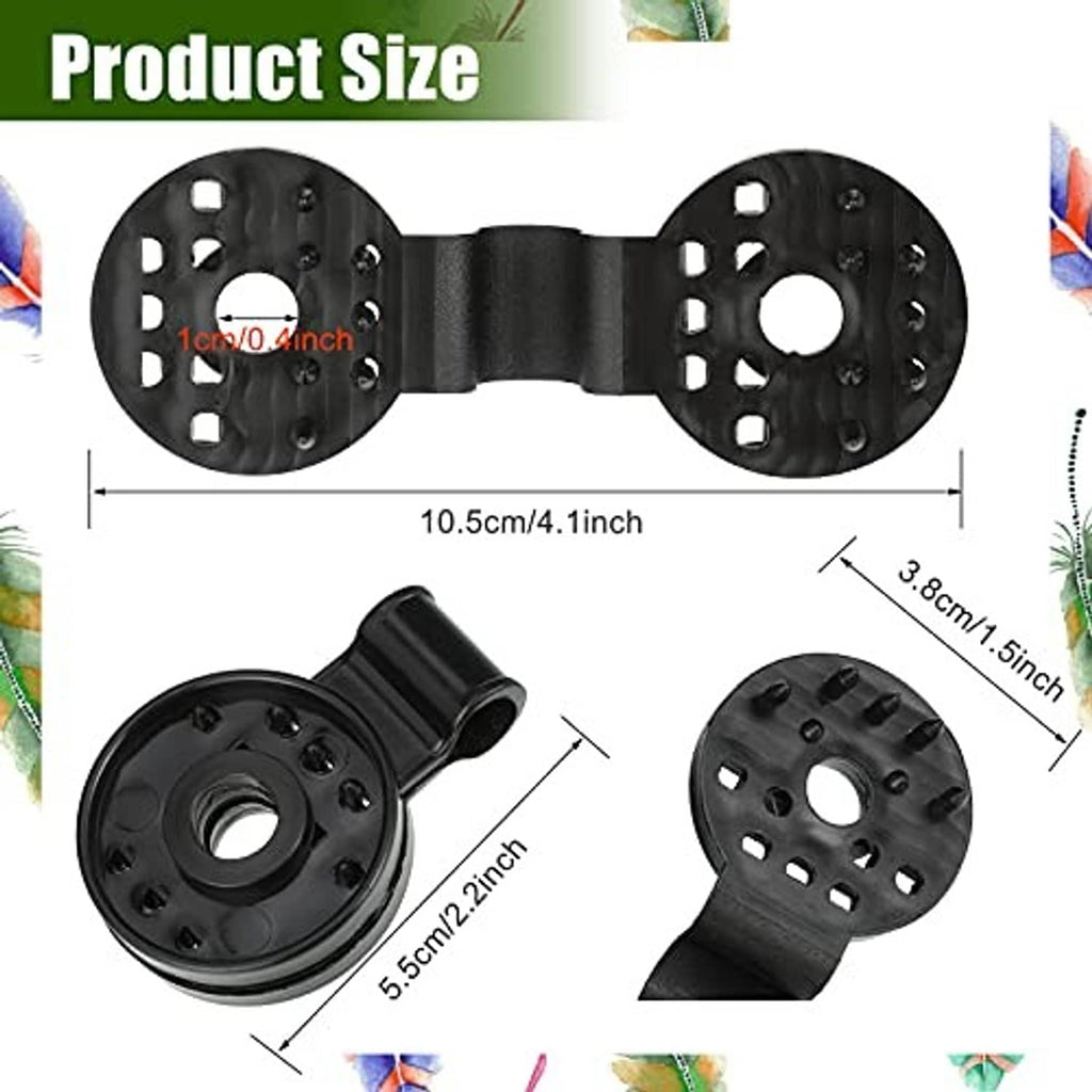 Black plastic shade cloth clips shown with size measurements and clamp base