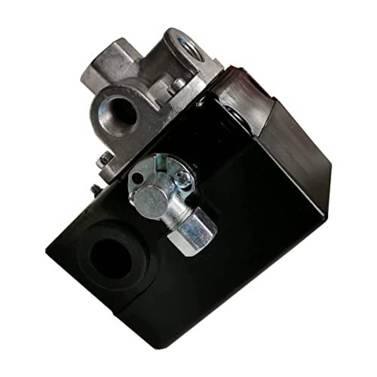 Air compressor pressure switch housing with metal valve assembly and threaded inlet