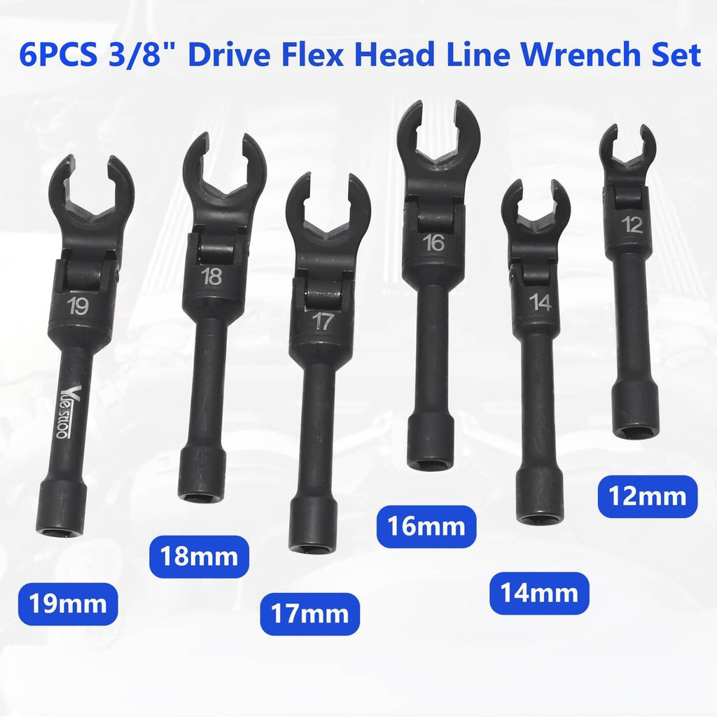 Six black flex-head line wrenches with size labels on the ends