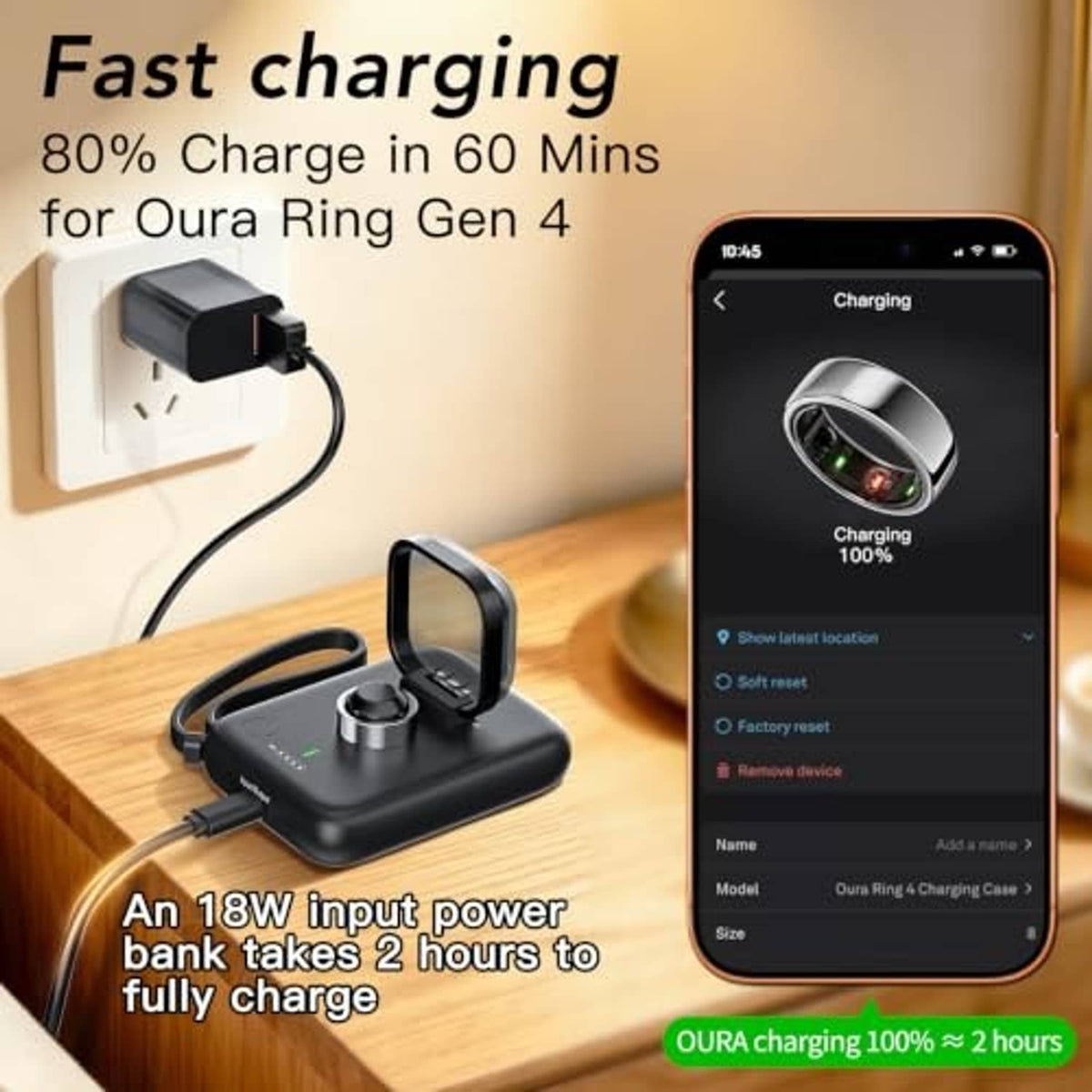 Black portable charging dock charging a ring with green LED indicator