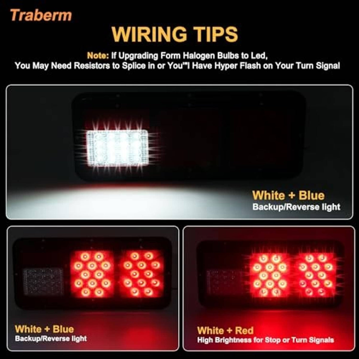 LED triple tail light wiring diagram showing illuminated red and white LED patterns
