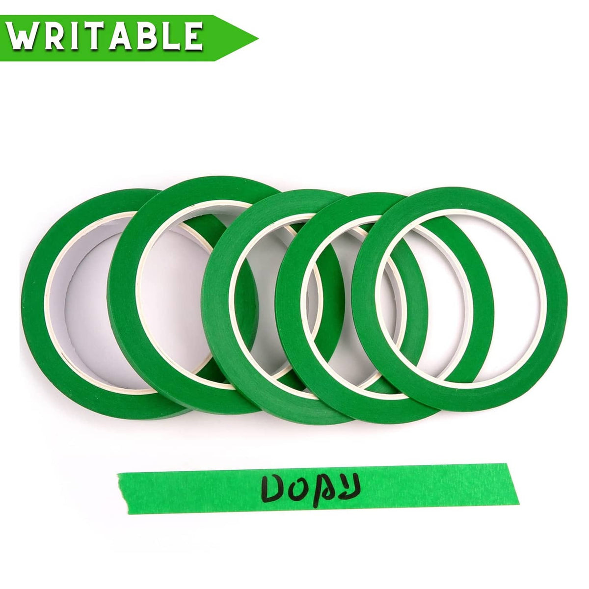 Green pinstripe tape rolls with writable adhesive liner for easy labeling