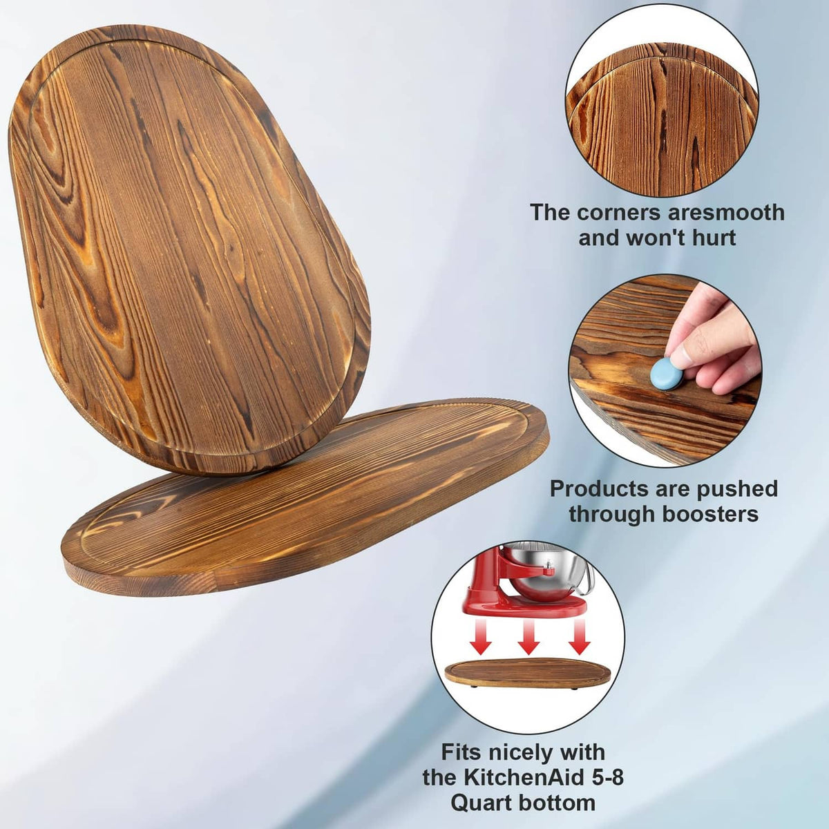 Brown wood bowl lift slider with smooth corners, fits KitchenAid 5-8 qt