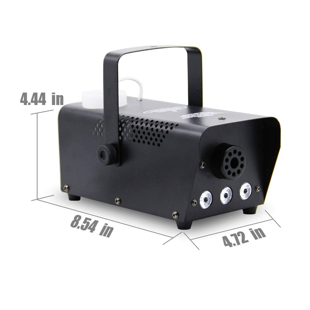 Black compact fog machine with handle, side vents, and control lights