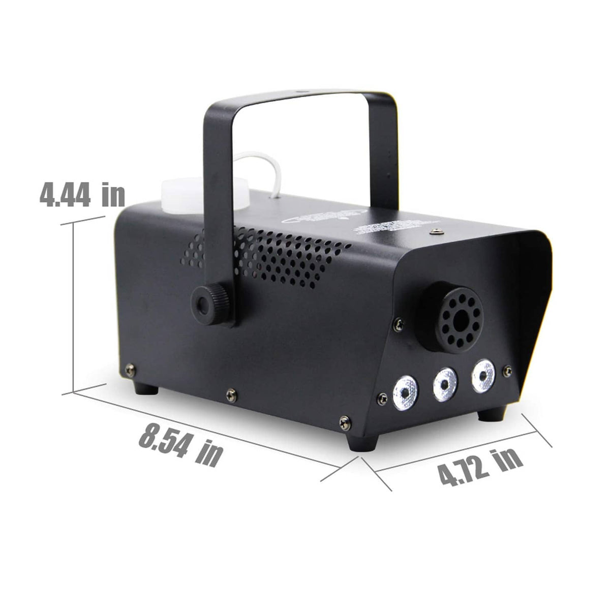 Black compact fog machine with handle, side vents, and control lights