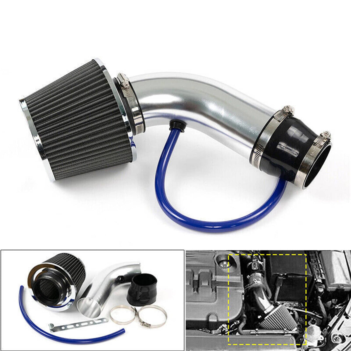 Cold air intake induction kit with cone filter, curved aluminum pipe, and blue silicone hose