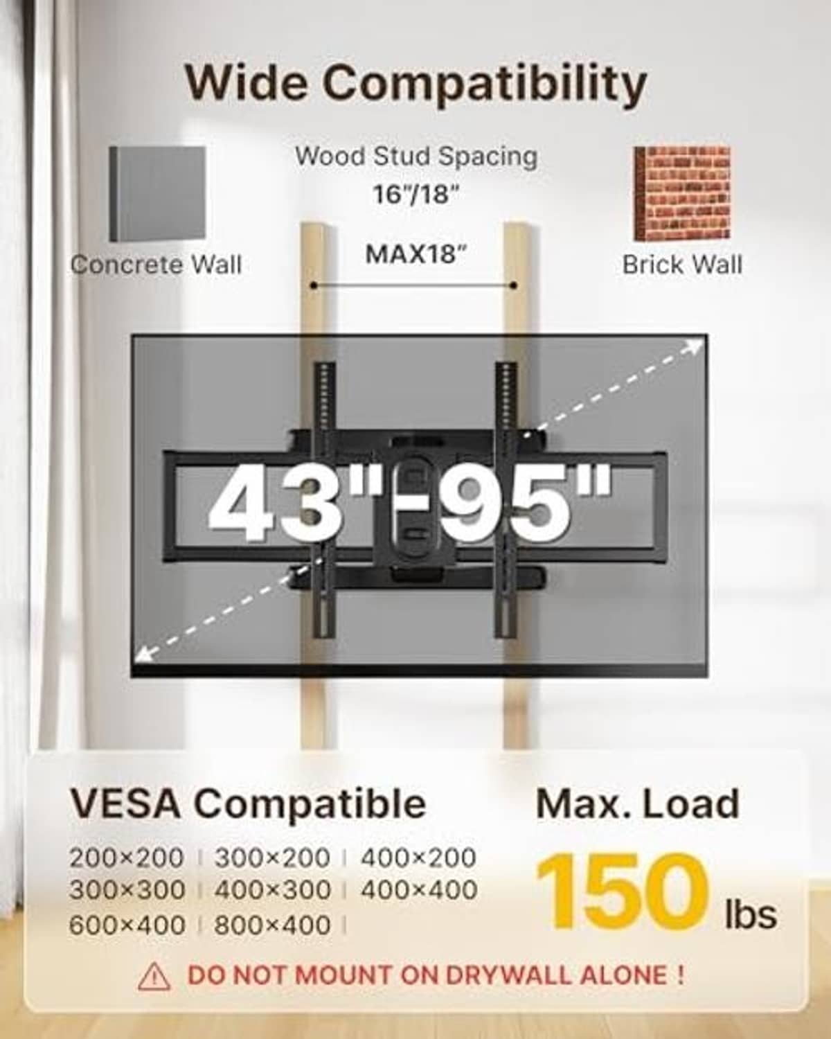 TV wall mount bracket diagram for 43-95 in screens, with VESA compatibility display