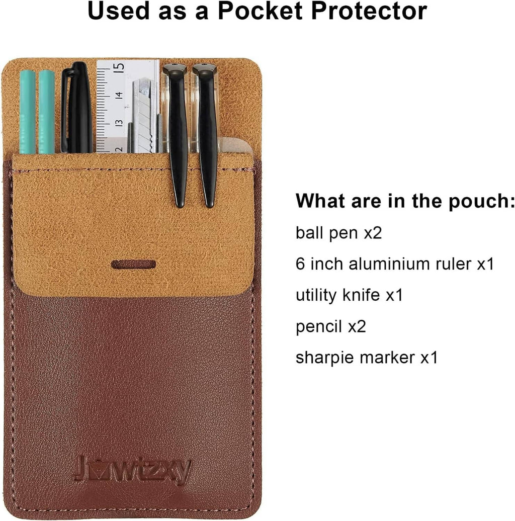 Leather pocket pen organizer pouch holding pens, a ruler, and a utility knife