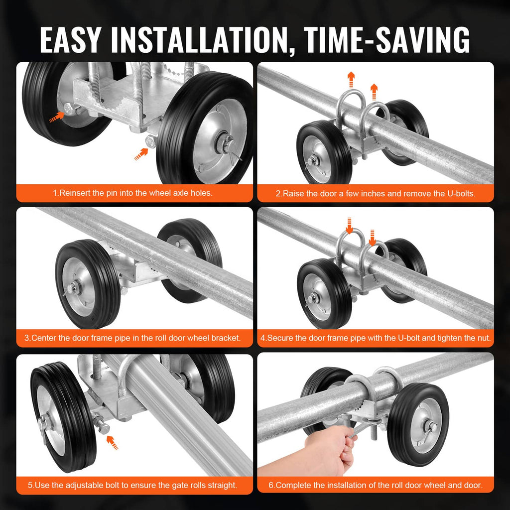 Sliding gate caster kit with two rubber wheels and galvanized roller bracket hardware