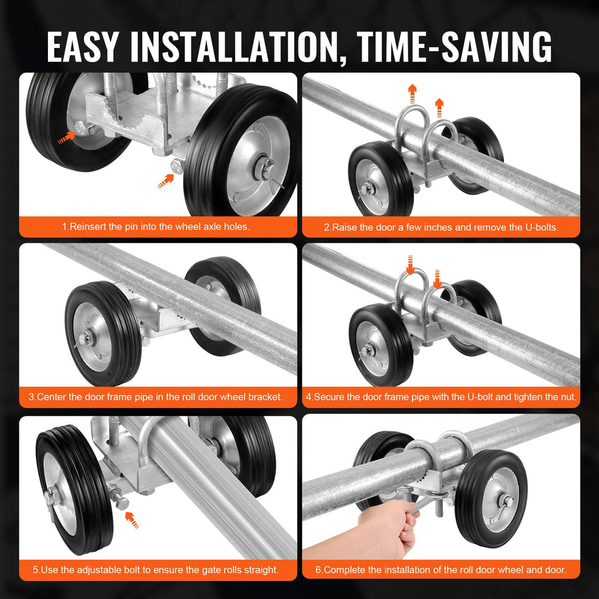 Sliding gate caster kit with two rubber wheels and galvanized roller bracket hardware