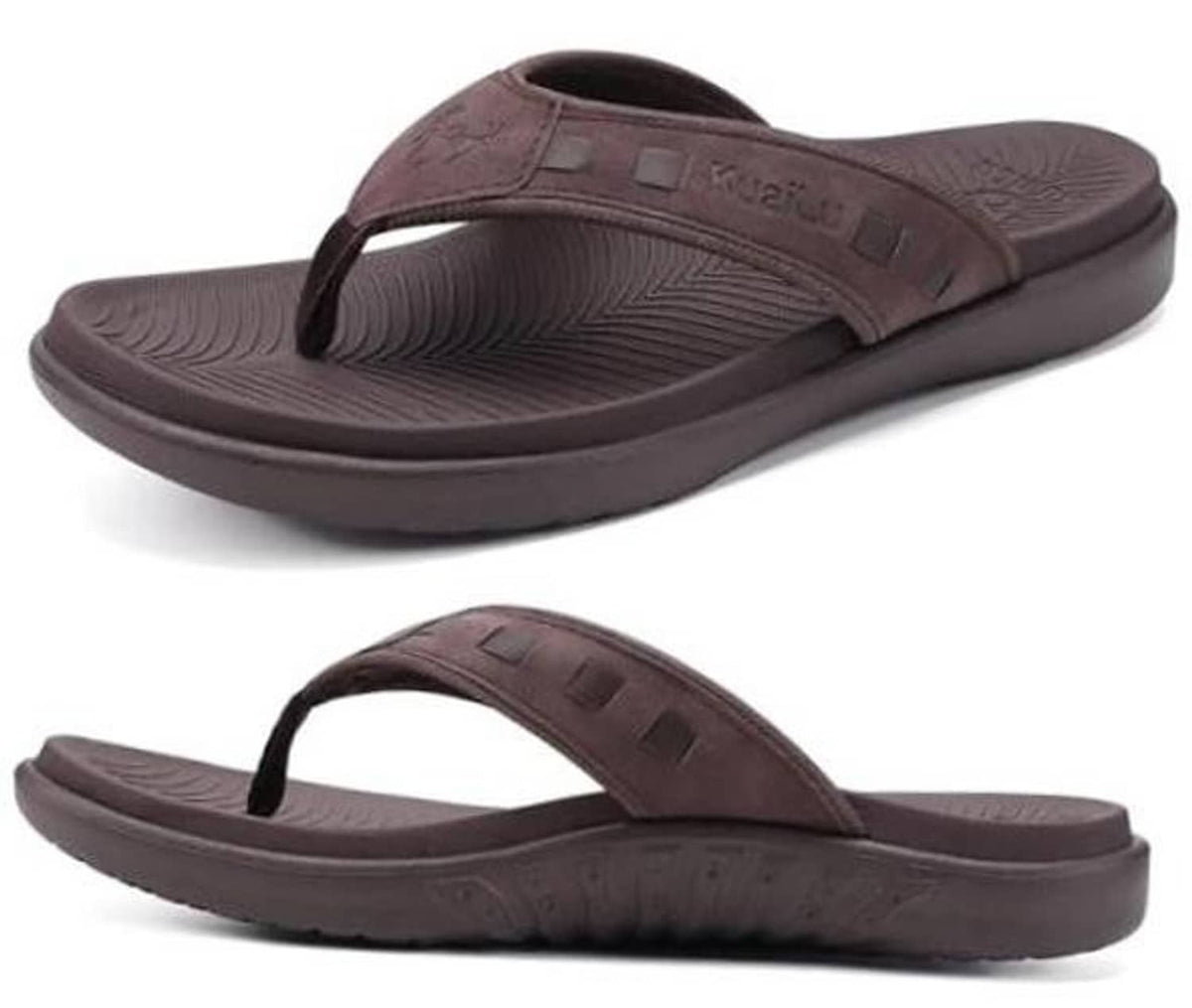 Men’s brown thong slide flip-flops with contoured footbed and arch support