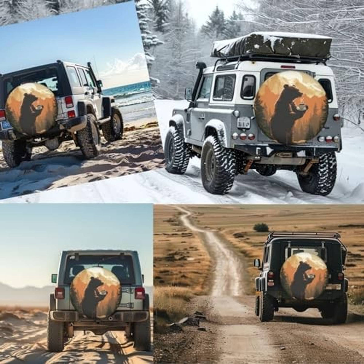 RV spare tire cover with bear holding coffee cup scenic print for outdoor vehicles
