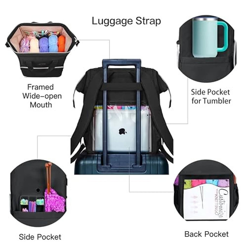 LEUDES black knitting bag backpack with padded straps, luggage strap, and side pockets