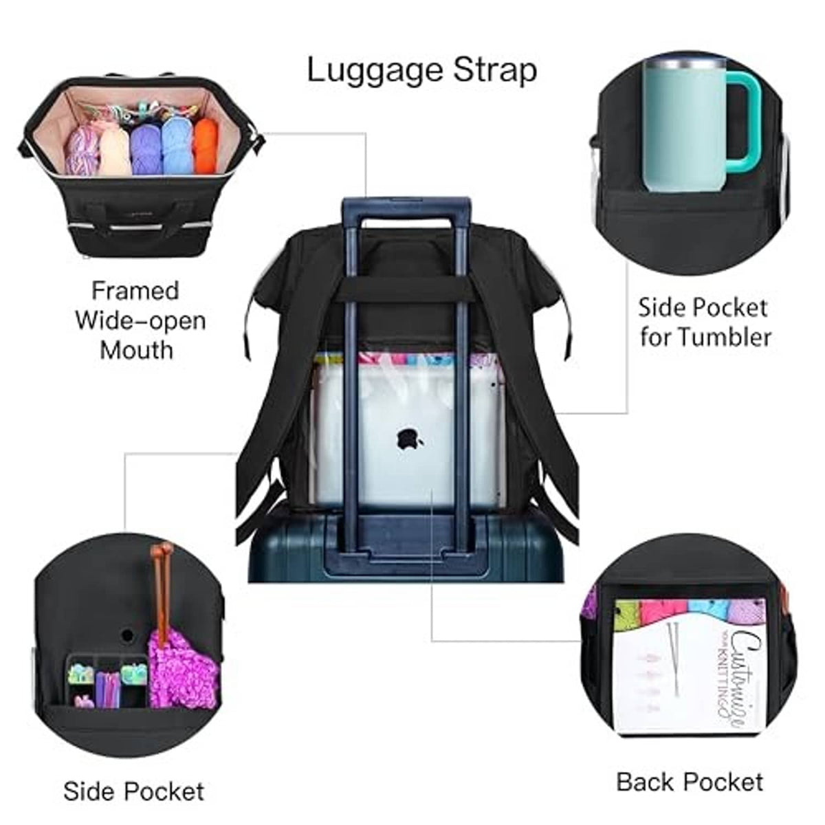 LEUDES black knitting bag backpack with padded straps, luggage strap, and side pockets