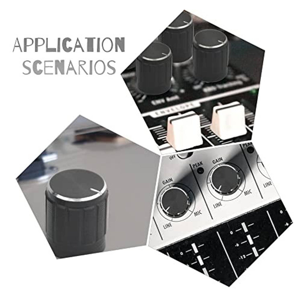 Rotary potentiometer knobs near an audio control panel, part of a multi-pot set