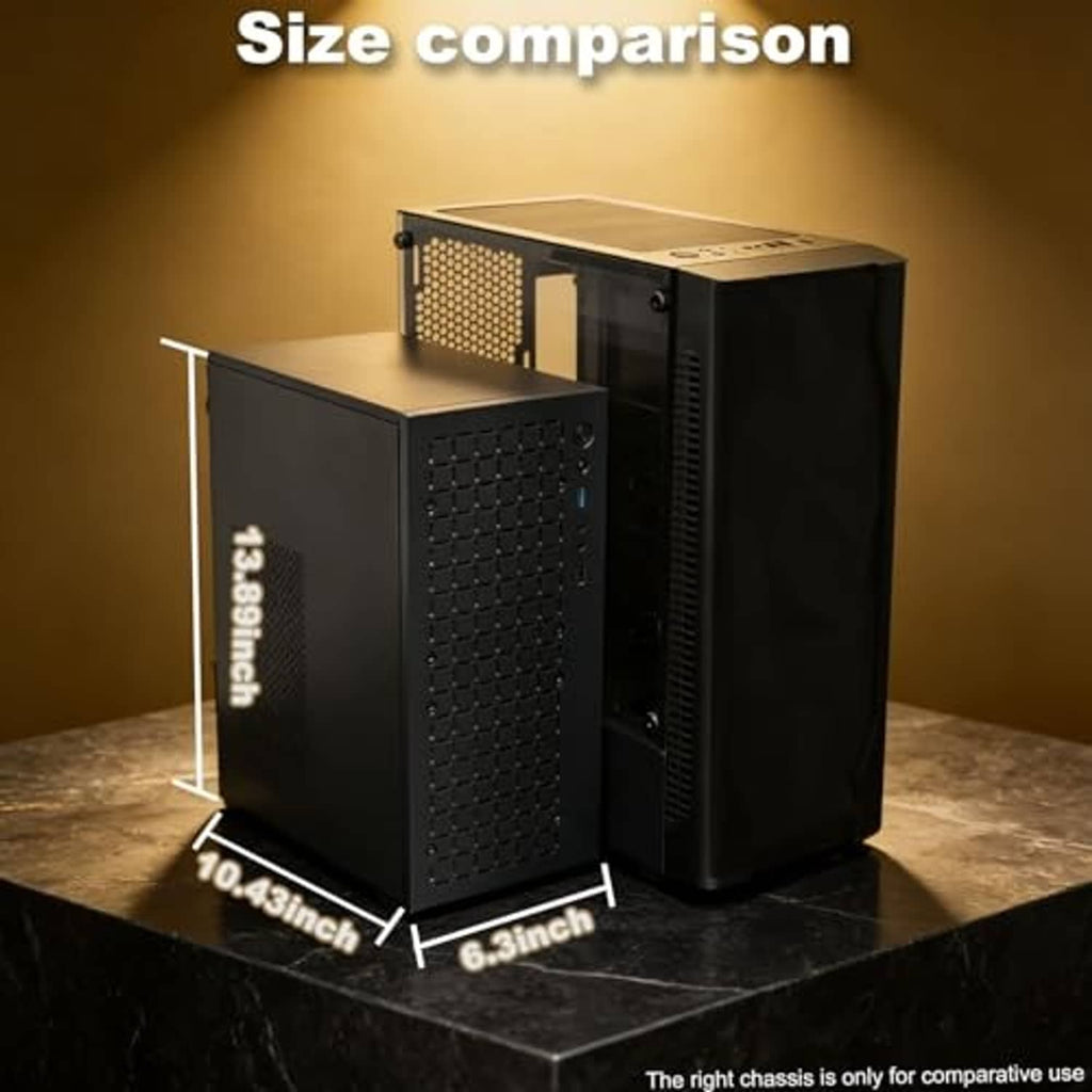 Compact black PC case with side panels open, showing interior airflow space